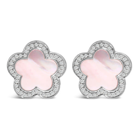 Boucles d'oreilles clous en or blanc 14 carats, nacre et diamant 1/5 carat serti halo étoile