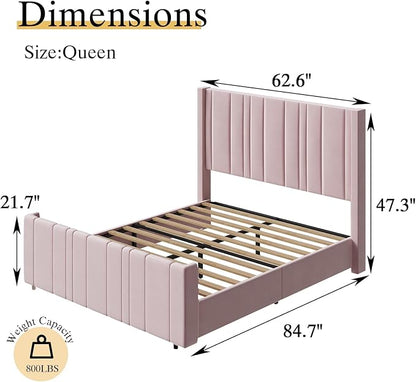 HOMBCK Queen Bed Frame Pink Upholstered Bed with Vertical Channel Tufted Headboard & 22" Footboard, Noise Free/Wooden Slats/Noise Free/No Box Spring Needed/Easy Assembly