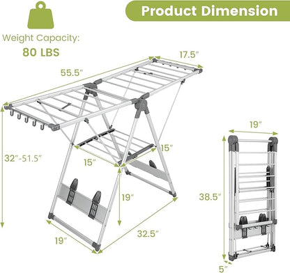 Giantex Clothes Drying Rack, 2-Layer Aluminum Foldable Laundry Drying Rack with 5-Level Adjustable Height, 21 Drying Rails, 10 Side Clips, 4 Shoe Holders, Space Saving Collapsible Laundry Drying Rack