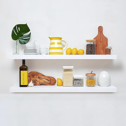Homeforia White Floating Shelves 42 inch, High End Solid Real Wood 42inch Floating Shelf for Wall Mounted, White Wooden 42in Long Floating Shelves, Heavy Duty Bracket, 42 X 6.5 X 1.75 inches, Set of 2