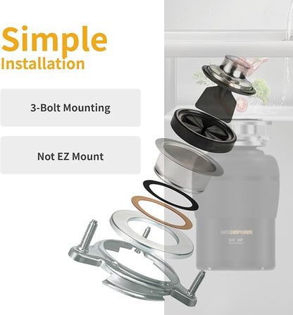 Garbage Disposal 3/4 HP for Kitchen sink Quiet with Stopper Power Cord, Easy install, Continuous Feed Food Waste Disposer Stainless Steel Grind 0.75 Horsepower AC Motor Unit (MAX-4)