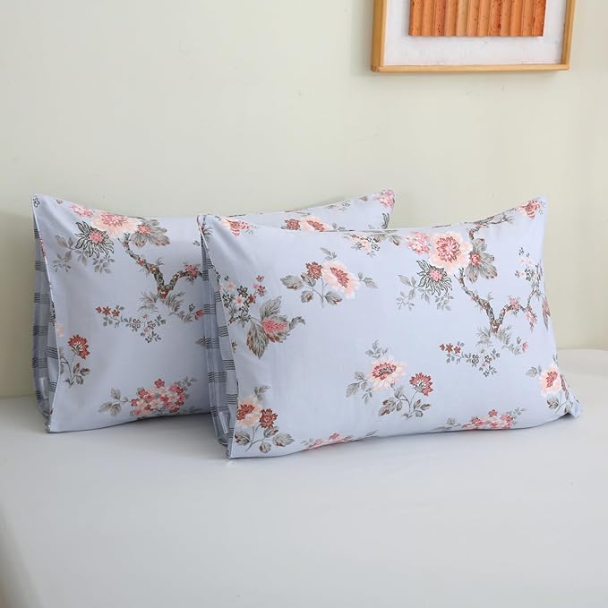 ABREEZE Floral Duvet Cover King Size Set Bird Flowers Bedding Set 100% Brushed Cotton Bedding Collection 1 Duvet Cover with 2 Pillowcases Grey