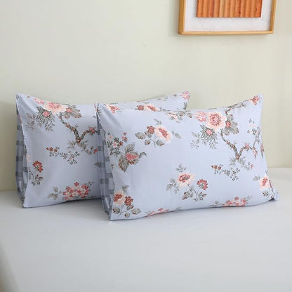 ABREEZE Floral Duvet Cover King Size Set Bird Flowers Bedding Set 100% Brushed Cotton Bedding Collection 1 Duvet Cover with 2 Pillowcases Grey