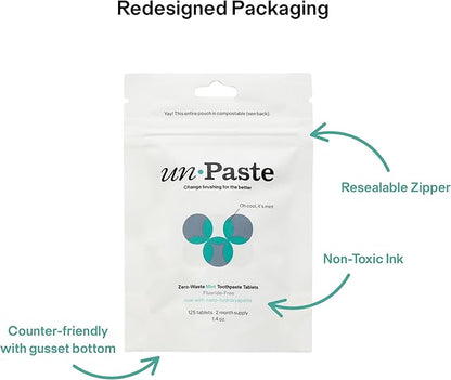 New Formula, Unpaste Toothpaste Tablets, Now w/Nano-HYDROXYAPATITE, Fluoride-Free Mint Remineralizing Tablet, Xylitol Free, Vegan, Plastic Free, Travel-Friendly, Resealable Packet, 125ct/2 mo Supply