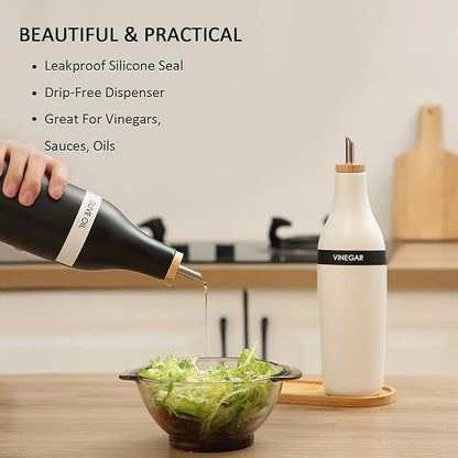 HOMCDALY Olive Oil and Vinegar Dispenser Set, Two 16oz Ceramic Oil Dispenser for Kitchen, Kitchen Dispenser Bottle for EVOO Vinegar Syrups, Modern Farmhouse Design| Set of 2 –Black &white
