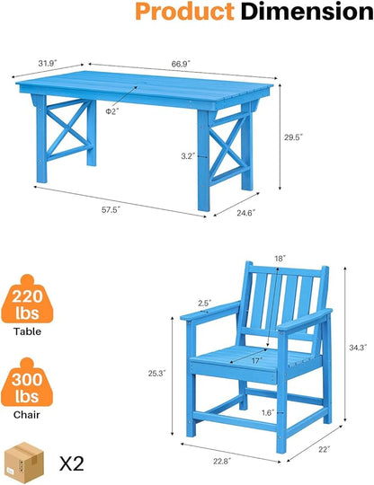 HDPE Patio Dining Set, 5-Piece Outdoor Table and Chairs with Umbrella Hole, Modern Outdoor Dining Set for 4, HDPE Outdoor Patio Furniture Dining Sets for Deck, Poolside, Porch, Sky Blue