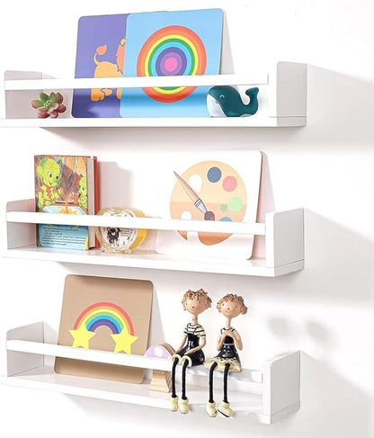 AZSKY Nursery Bookshelves White, 24 Inch Floating Bookshelves for Wall Set of 3, Baby Kids Decor, Solid Wood Wall Mounted Shelves for Books, Toys and Decor Storage