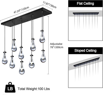 Raindrop 9-Light Chandeliers for Dining Room, Black Dining Room Lights Fixture Over Table, Teardrop Pendant Lights Kitchen Island, Adjustable Rope Hanging Lamp Ceiling for Entryway Foyer
