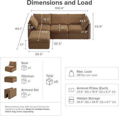 mopio Oversized Modular Sectional Sofa with Fully Removable Covers and Storage, Convertible U, L-Shaped and Sleeper Sectional, Modern Couches with Ottoman Chaise (Hazelnut Velvet, 4 Seats, L)