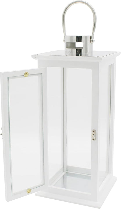 CVHOMEDECO. Decorative Elegant Wood Hurricane Candle Lantern with Stainless Top and Glass Inserts for Home Patio Outdoor Decor. White, Set of 2