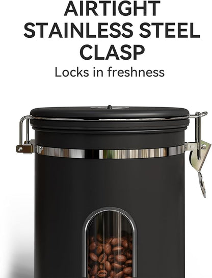 Coffee Canister Set 16 + 22 + 38 oz with Window, Airtight Stainless Steel Kitchen Food Storage Container with Date Tracker and Scoop for Grounds Coffee, Beans, Tea, Flour, Cereal, Sugar, Black