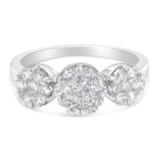 Bague de Fiançailles ou de Mode en Or Blanc 14 carats, 1,25 carats au total, Diamant Taille Brillant, Trois Grappes Florales Rondes (Couleur H-I, Clarté SI2-I1) - Taille 6