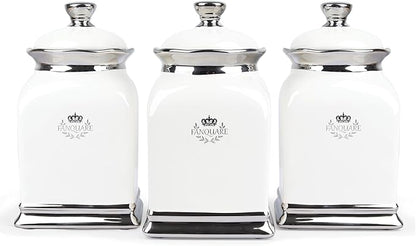 fanquare 30 OZ Cookie Jar, White Kitchen Canisters Set of 3, Farmhouse Porcelain Decorative Jars for Countertop, Ceramic Storage Jar for Coffee, Sugar, Tea Bag