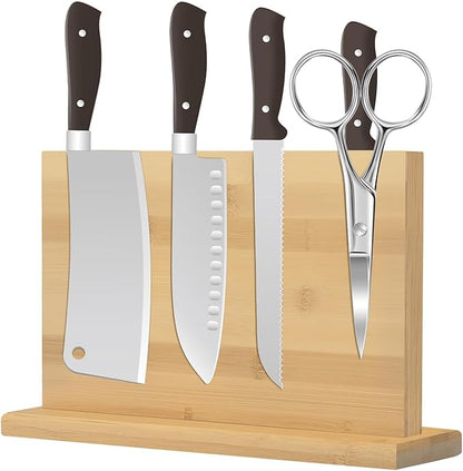 Magnetic Knife Block 28 x 19 Inches, Double Sided Magnetic Knife Holder Rack for Kitchen Counter, Acacia Wood Magnetic Knife Storage Stand with Knife Sharpener