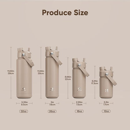 Insulated Water Bottle with Straw Stainless Steel Water Bottle, Leak-Proof, BPA-Free, Double Wall Vacuum Keeps Cold for 24 Hours for Sports, Travel, School (32 oz, Raw Umber)