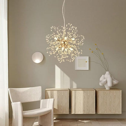 Modern Gold Chandelier Crystals, Sputnik Sunflower Beaded Hanging Lamp, Small Dandelion Pendant Light Fixtures for Kitchen Island Dining Room Bedroom Entryway (Gold 8Lights)