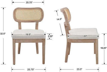 Rattan Dining Chairs Set of 6 Farmhouse Wood Kitchen Chairs with Cane Back Upholstered Curved Backrest Dinner Chair Rustic Armless Side Chair for Dining/Living Room/Restaurant, Beige
