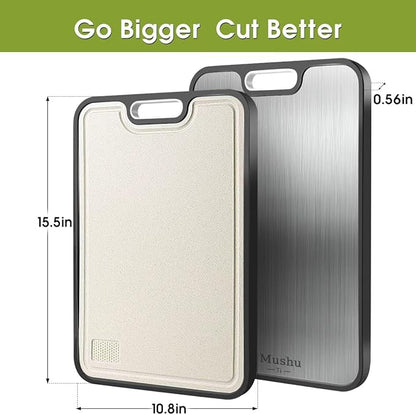 Mushu Titanium Cutting Boards for Kitchen,Upgrated Double Sided Food-Grade 100% Pure Titanium w/Wheat Straw PP Chopping Board for Meat Vegetable Fruit,Easy to Clean,Kitchen Gifts Large Size
