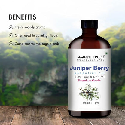 Majestic Pure Juniper Essential Oil with Glass Dropper - Huge 4 Fl Oz - 100% Pure and Natural Juniper Oil - Premium Grade Essential Oils for Diffuser, Aromatherapy, Soap and Candle Making