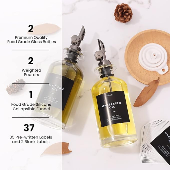 Molimoli Oil and Vinegar Dispenser with Metal Pour Spout, Weighted Pourer, Glass Bottle Dispenser for Kitchen, Olive Oil Cruet, Glass Olive Oil Bottle |350ml, Set of 2