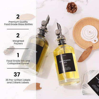 Molimoli Oil and Vinegar Dispenser with Metal Pour Spout, Weighted Pourer, Glass Bottle Dispenser for Kitchen, Olive Oil Cruet, Glass Olive Oil Bottle |350ml, Set of 2