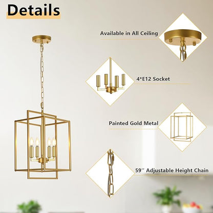 Farmhouse Gold Chandelier, 4-Light Vintage Chandeliers for Dining Room, Adjustable Modern Rustic Metal Hanging Pendant Light Fixture for Entryway Foyer Kitchen Island Hallway