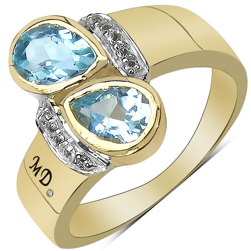 14K Yellow Gold Plated 1.86 Carat Genuine Blue Topaz, White Topaz & White Diamond .925 Sterling Silver Ring