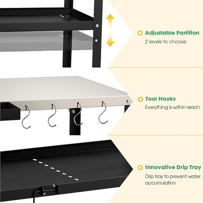 Outdoor Grill Cart Table,Indoor and Outdoor Pizza Oven Table,with 4 Movable Total Lock Casters, Hooks, Side Handle Multifunctional (Stainless Steel Table)