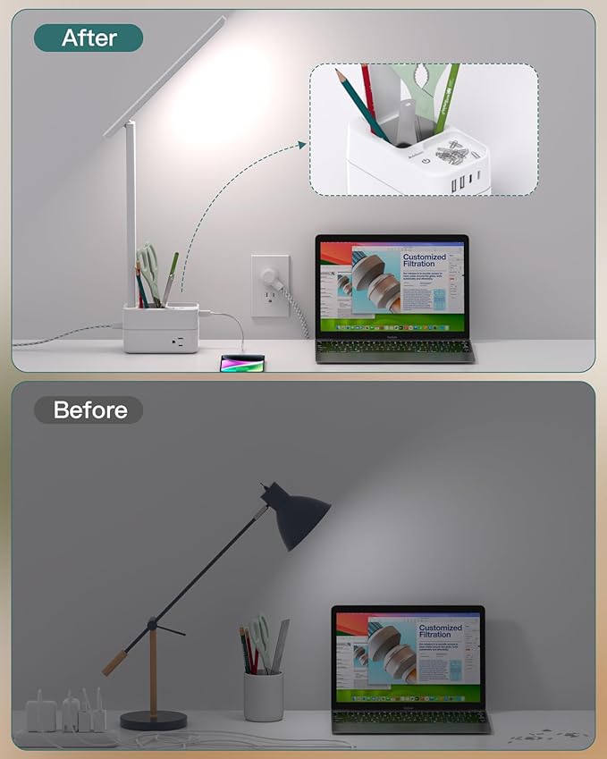 Addtam LED Desk Lamp with Pen Holder, Study Lamps with 3 Outlets 4 USB Charging Ports(2 USBC), 3 Color Modes Desk Light Touch Lamp, Small Desk Lamps for Home Office College Dorm Room Essentials