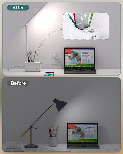 Addtam LED Desk Lamp with Pen Holder, Study Lamps with 3 Outlets 4 USB Charging Ports(2 USBC), 3 Color Modes Desk Light Touch Lamp, Small Desk Lamps for Home Office College Dorm Room Essentials