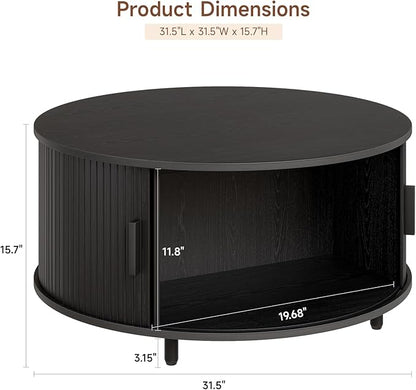 Round Coffee Table with Storage, 31.5" Modern Coffee Table with 360° Curved Sliding Door, Fluted Wood Accent Coffee Table with Adjustable Footpads, Round Center Table for Living Room, Black