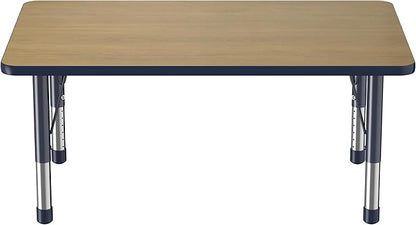 FDP Rectangle (30 x 48 inch) Classroom Table with Adjustable Chunky Toddler Legs (15-24 in); Preschool, Kinder and Daycare Furniture - Pasadena Oak Top/Navy Edge and Legs