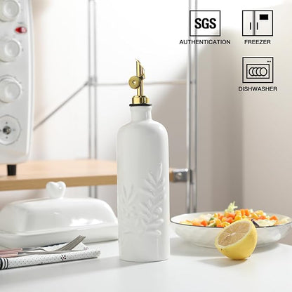 Sweejar 18 Oz Oil Dispenser for Kitchen with Gravity Spout, Ceramic Olive Oil Dispenser Bottle, Relief Opaque Vinegar Container for Evoo, Vinegar, Soy Sauce, Pack of 1(White, Gold Spout)