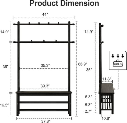 Coat Rack with Shoe Storage, Wooden Hall Tree with Bench, 11 Hooks and 2-Tier Storage Shelves, 3-in-1, Entryway Bench with Coat Rack (39.3"-Black)
