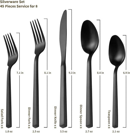 Alata Cube 45-Piece Forged Stainless Steel Flatware Set Cutlery Set with Utensil-Serving Set, Silverware Set Service for 8, Matte Satin Polished, Dishwasher Safe