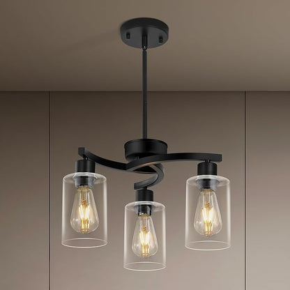 3 Light Modern Dining Chandeliers Over Table，Black Light Fixture for Dining Room，Farmhouse Chandelier with Glass Shade，Industrial Pendant Lighting for Kitchen Island，Foyer,Hallway, Bedroom