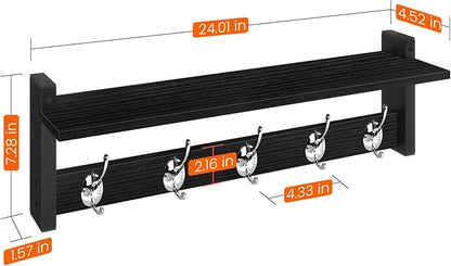 Homode Coat Rack Wall Mount with Shelf, 24" Long Entryway Shelf with Hooks Underneath, Wooden Coat Hanger for Hanging Hats, Bathroom Towels, Clothes, Black