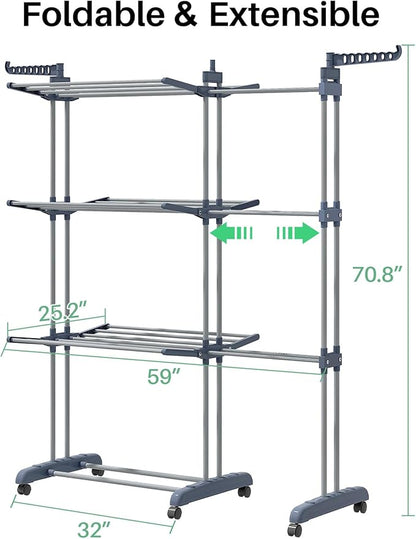 Kitstorack Clothes Drying Rack - Foldable Movable Clothes Rack Drying 30.0" W to 59.0" W Extensible Drying Rack Clothing Oversized 4-Tier Stainless Steel Large Clothes Rack Drying Indoor and Outdoor