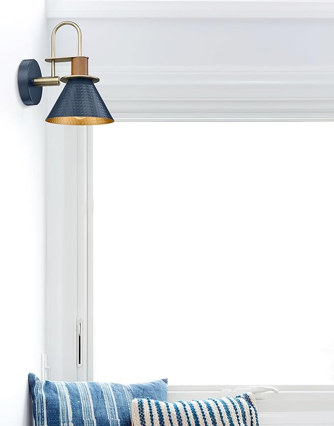 HWH Rustic Wall Sconces, Industrial Sconce Wall Lighting Indoor Wall Lamp, Gooseneck 1-Light Barn Vanity Light for Bathroom Bedroom Bedside, Hammered Metal Shade, Navy Blue Finish, 5HZG74B BL+BG