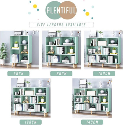 IOTXY Wooden Open Shelf Bookcase - 3-Tier Floor Standing Display Cabinet Rack with Legs, 7 Cubes Bookshelf, Tiffany-Green