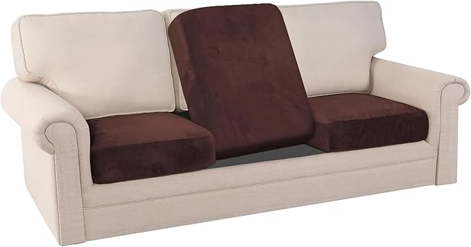 PrinceDeco Velvet Sofa Cushion Covers, Stretch Couch Cushion Covers for Individual Seat Couch Slipcover Sets Furniture Protector for Loveseat Sofa Cushion(Each Width Up to 29.5", Brown)
