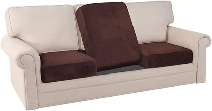 PrinceDeco Velvet Sofa Cushion Covers, Stretch Couch Cushion Covers for Individual Seat Couch Slipcover Sets Furniture Protector for Loveseat Sofa Cushion(Each Width Up to 29.5", Brown)