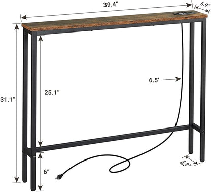 ELYKEN 5.9" Narrow Console Sofa Table with Power Outlets and USB Port, 5.9" Dx39.4 Wx31.1 H Long Behind Couch Table with Metal Frame and 6.5’ Extension Cord, Rustic Brown