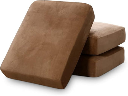 PrinceDeco Super Soft Couch Cushion Covers for Sectional Couch, Velvet Sofa Slipcover for Cushion Sofa pet Friendly with Elastic Bottom(Each Width Up to 29.5", Camel)