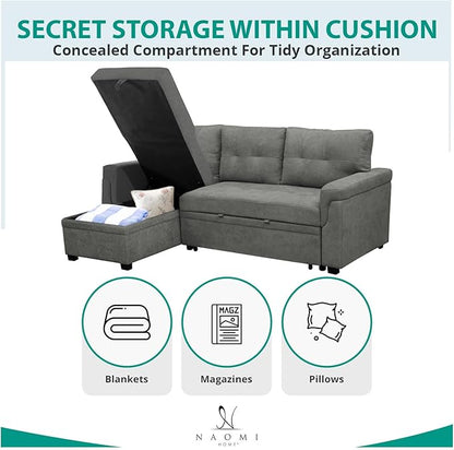 Naomi Home L-Shaped Reversible Sectional Sofa with Pull-Out Sleeper Bed and Storage Chaise, Gray Velvet