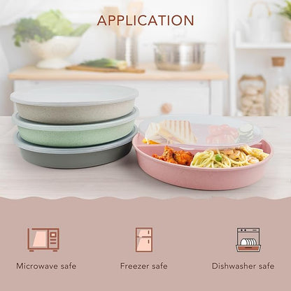 greenandlife 9 Inch 4PCS Divided Plates with Lids, Portion Control Plates for Kids Adults, Dishwasher Microwave Safe Compartment Plate, Unbreakable Lightweight Reusable Wheat Straw Plate Set, INS