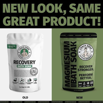 Coach Soak: Recovery Bath Soak – Rejuvenating Post Workout Natural Magnesium Flakes - 21 Minerals, Essential Oils & Dead Sea Bath Salts - Absorbs Faster Than Epsom Salts, 3lbs (Eucalyptus Tea Tree)