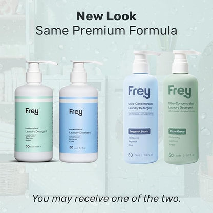 FREY Concentrated Liquid Laundry Detergent | Formulated for Sensitive Skin & HE Washers | Removes Stains Effectively | 50 Loads per Bottle (Cedar Grove & Bergamot Beach)