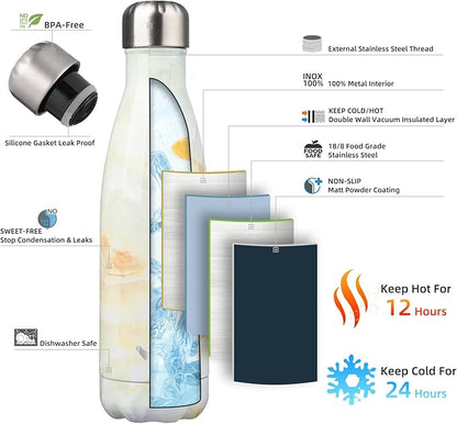 Insulated Water Bottles,17 oz Double Wall Stainless Steel Vacumm Metal Flask for Sports Travel,Marble Jade