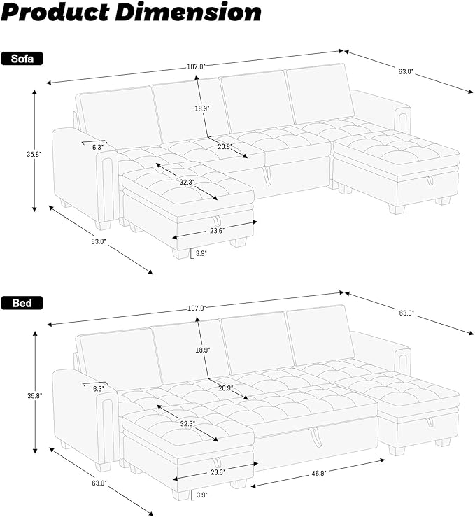 Belffin Modular Sectional Sleeper Sofa with Pull Out Bed Convertible U Shaped Sectional Sofa Couch with Storage Chaises for Living Room Blue